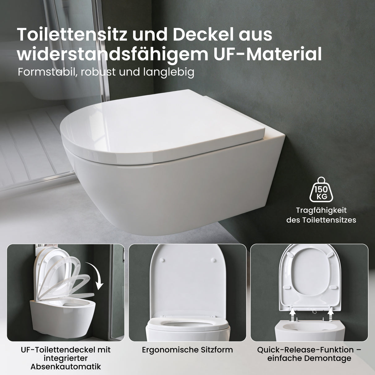 glasvilla Hänge WC Toilette Wand-WC Spülrandlos Weiß aus Keramik Wandmontage mit Absenkautomatik