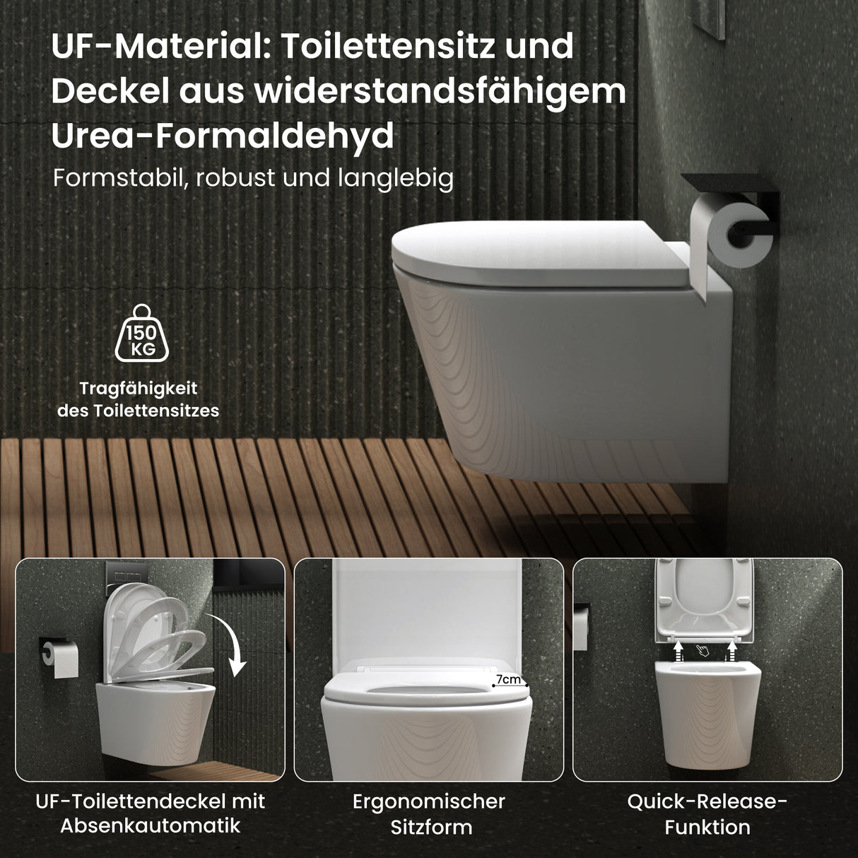 glasvilla Hänge WC Toilette Wand-WC Spülrandlos Weiß aus Keramik Wandmontage mit Absenkautomatik