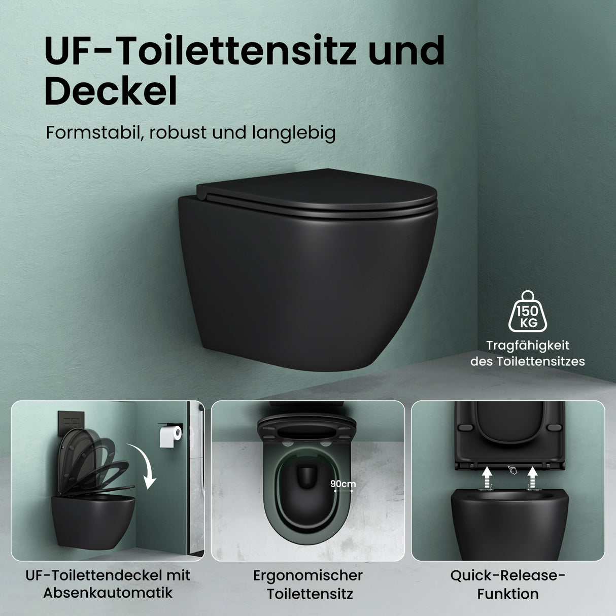 glasvilla Wand WC spülrandlos Schwarz Hänge WC spülrandlos Toilette WC mit Sitz Softclose