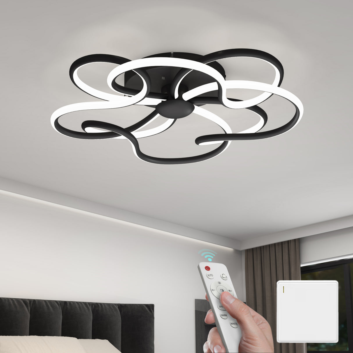 Glasvilla Design – Lámpara de techo LED negra con mando a distancia, regulable 3000–6400K (112W, 64 cm)