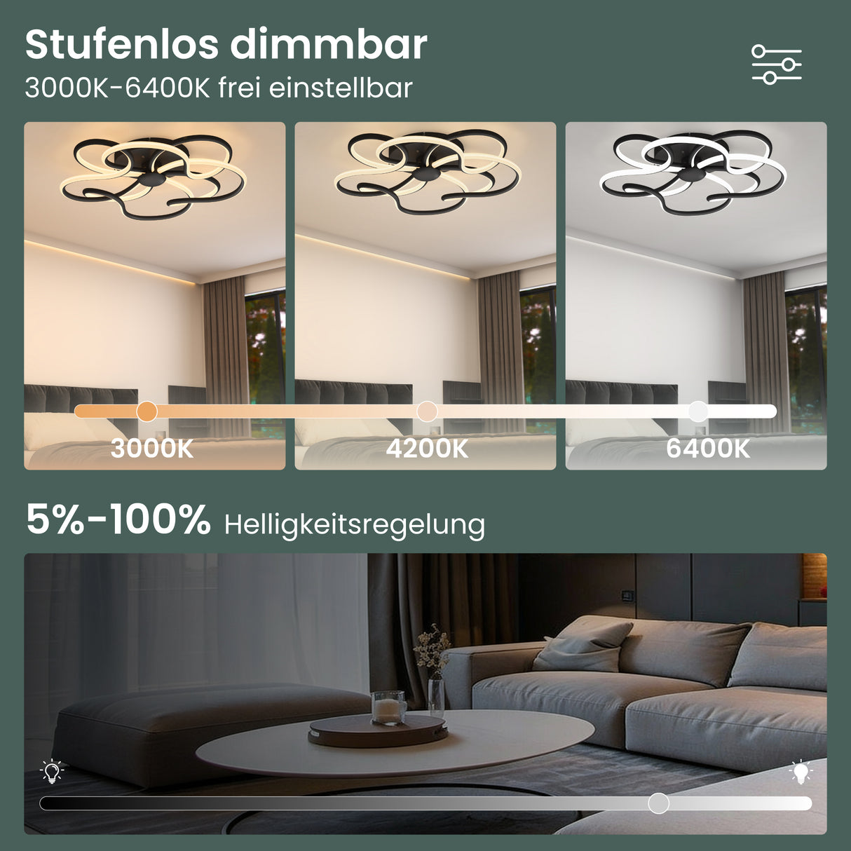 Glasvilla Design – Lámpara de techo LED negra con mando a distancia, regulable 3000–6400K (112W, 64 cm)