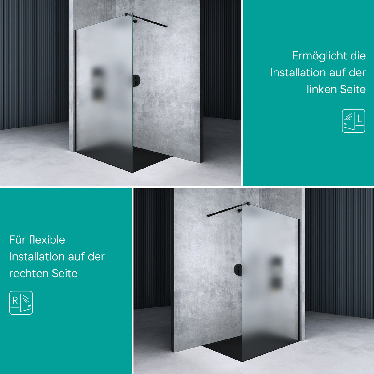 glasvilla Duschwand für Dusche Duschabtrennung Walk-In ESG-Sicherheitsglas 8mm NANO Glas BRAM1&BRAM3 Bremen1 Schwarz