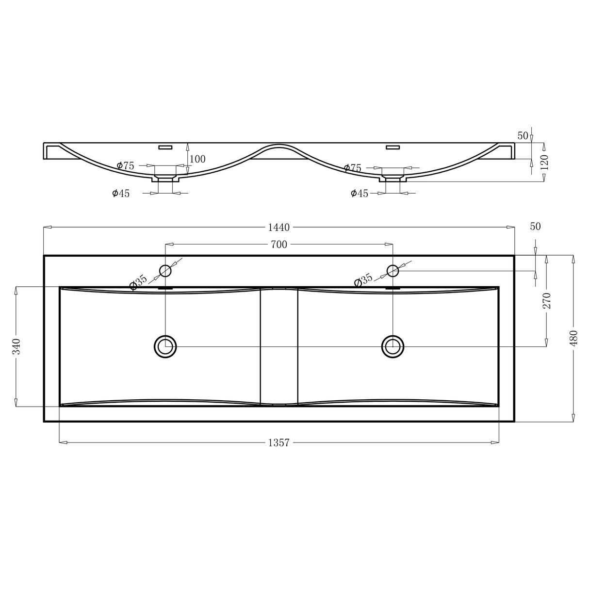 glasvilla Waschbecken Einbauwaschbecken Waschtisch 2 Becken Mineralguss rechteckig 2 Armaturenlöcher Überlauffunktion Col03