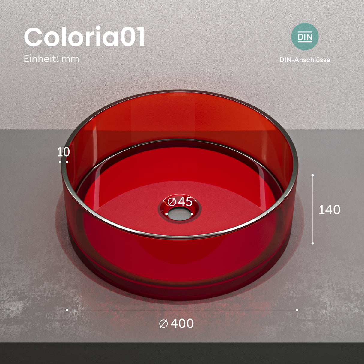 glasvilla Waschbecken rund Aufsatzwaschbecken aus Kunstharz Waschschale Handwaschbecken 40x40x14cm ohne Hahnloch und Überlauf Coloria01