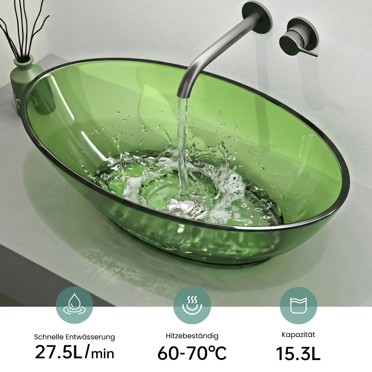 glasvilla Waschbecken Aufsatzwaschbecken aus Kunstharz Waschschale Handwaschbecken Oval 63x34x17cm ohne Hahnloch und Überlauf Coloria02