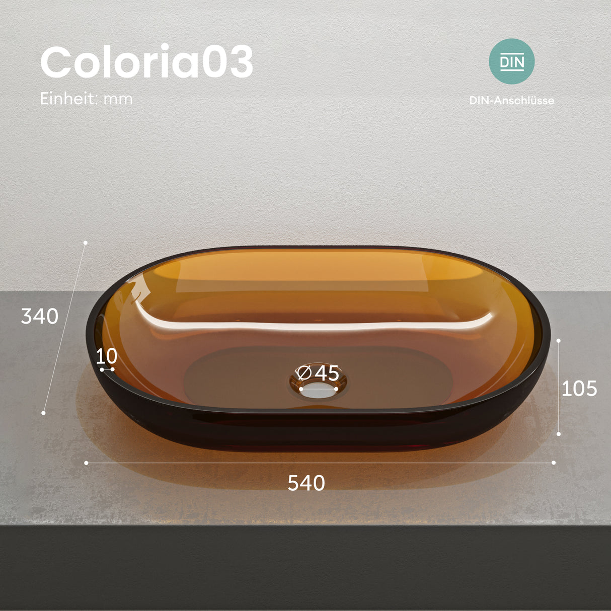 glasvilla Lavabo da Appoggio in Resina 54x34x10.5cm, Lavabo da Bagno Ovale senza Foro Rubinetto e Troppopieno, Coloria03