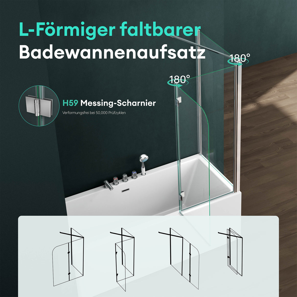 glasvilla Duschwand für Badewanne Badewannenwand Badewannenfaltwand 6mm Sicherheitsglas mit NANOBadewannenaufsatz Badewannentrennwand Cortona113