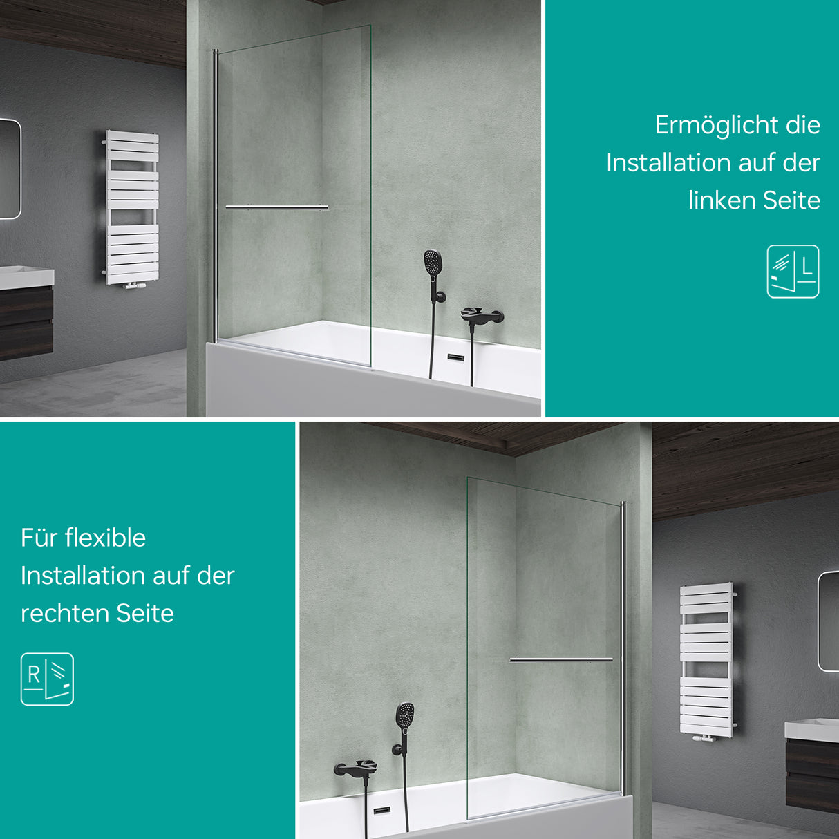 glasvilla Duschwand für Badewanne Badewannenwand faltbar 180° Sicherheitsglas mit NANO 90x140cm Badewannentrennwand Badewannenaufsatz Cortona1121