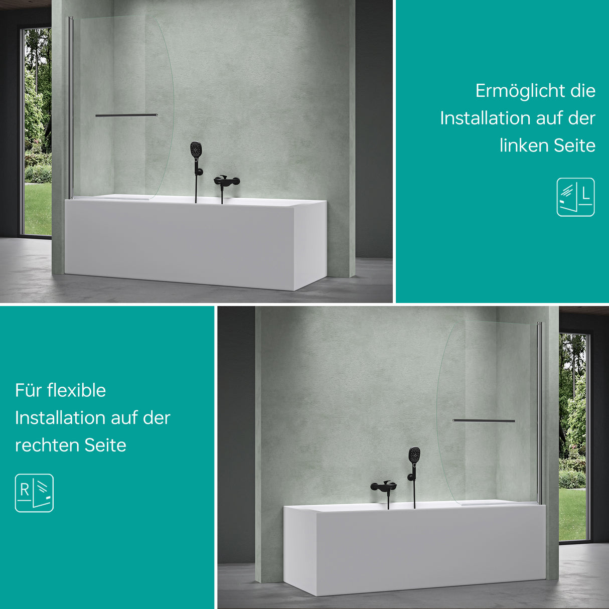 glasvilla Duschwand für Badewanne Badewannenwand faltbar 180° Sicherheitsglas mit NANO 90x140cm Badewannentrennwand Badewannenaufsatz Cortona112