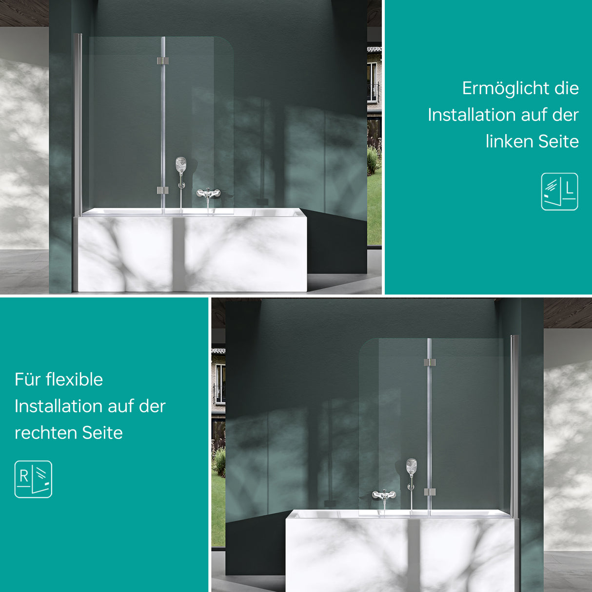 glasvilla Duschwand für Badewanne Badewannenwand faltbar 180° Sicherheitsglas mit NANO 120x140cm Badewannentrennwand Badewannenaufsatz Cortona1408