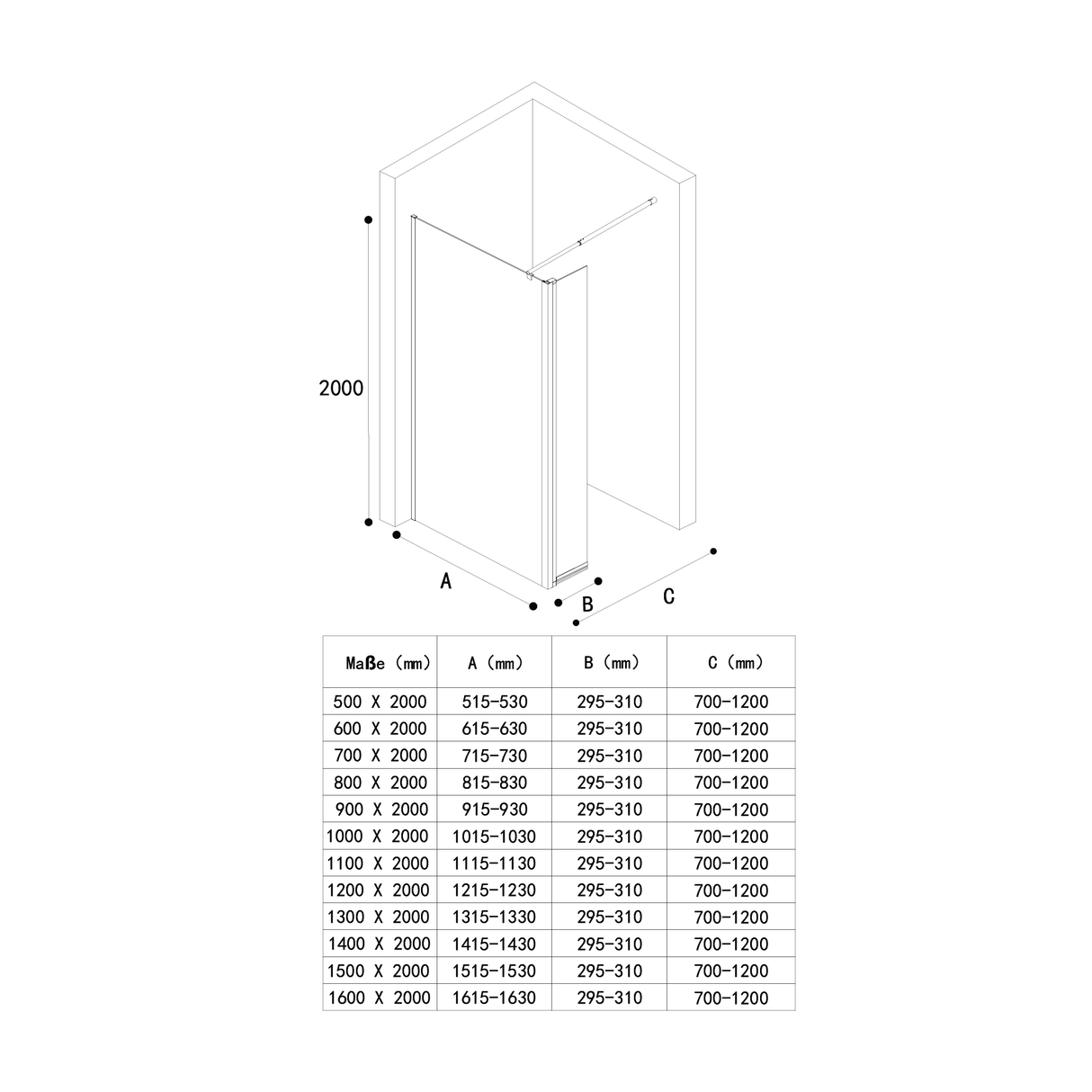 glasvilla Walk-In Duschwand für Dusche Duschabtrennung 10mm Klarglas mit 30cm Nebenteil ESG-Sicherheitsglas mit Nanobeschichtung Runder & Rechteckiger Stabilisator Bremen02K-Plus