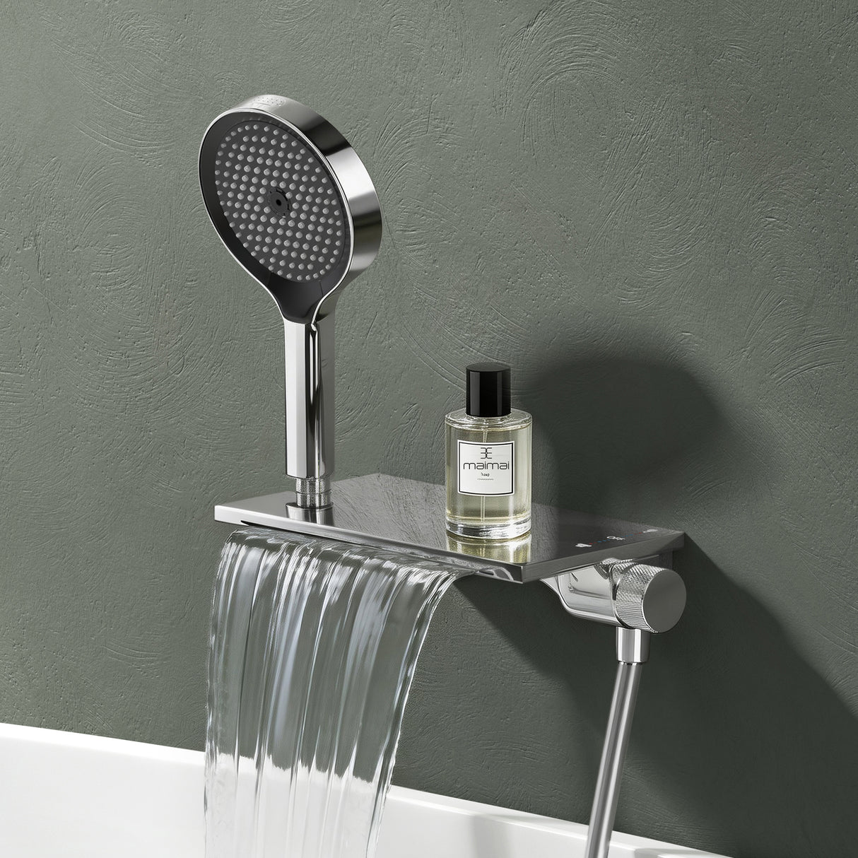 Robinet de baignoire Glasvilla avec douchette, design cascade, jets multiples, douchette en laiton avec barre et flexible de douche.