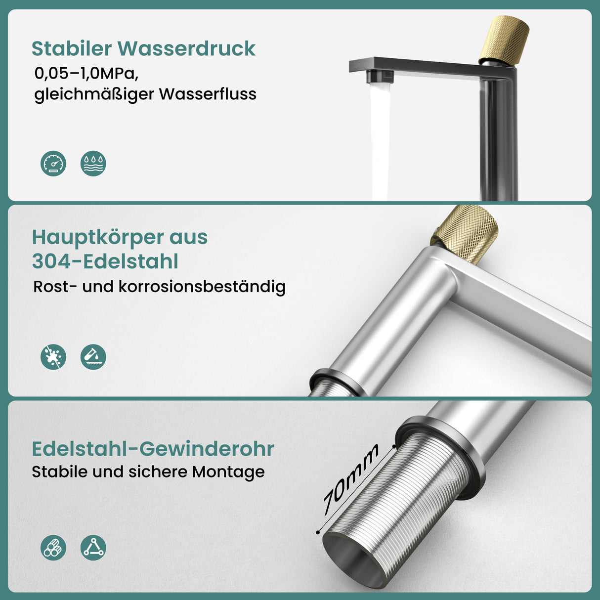 glasvilla Wasserhahn Bad Waschtischarmatur Einhebelmischer Mischbatterie Bad Armatur aus Edelstahl mit Wassersparfunktion DIN-Anschlüsse Fino-01