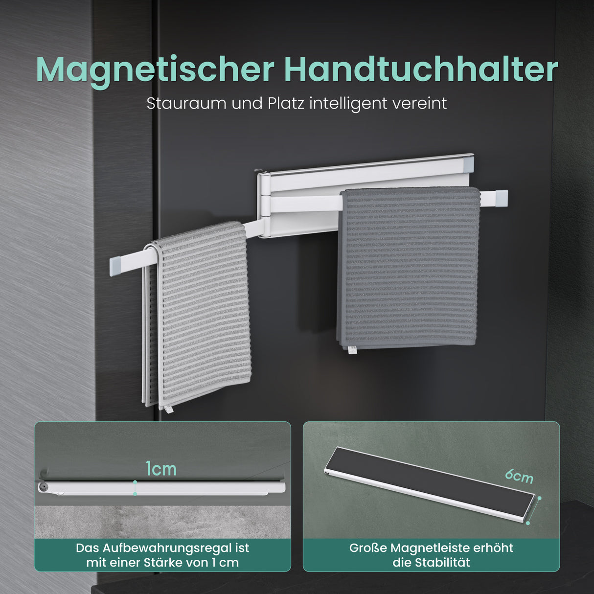 glasvolla Handtuchhalter ohne Bohren, 180° schwenkbar mit 3 Armen, Handtuchstange selbstklebend oder magnetisch, Badetuchhalter für Bad und Küche Folda-02