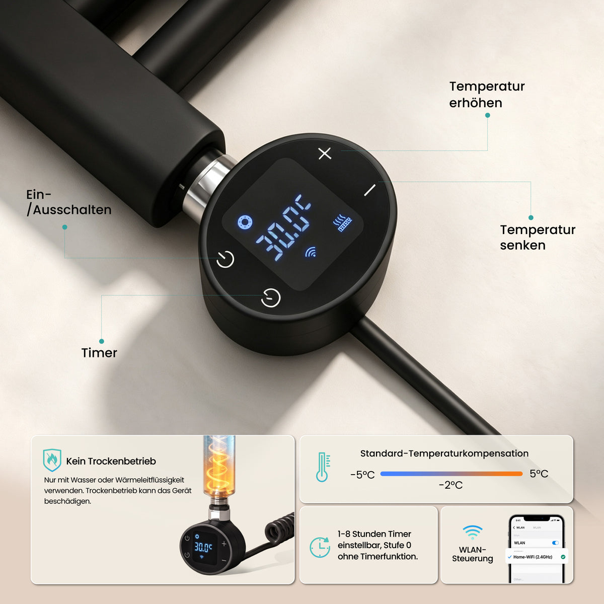 glasvilla Smart WiFi Heizstab für Badheizkörper, Heizelement Elektrischer Heizstab mit App-Steuerung, Thermostat & Timer-Funktion, Heizpatrone für Handtuchheizkörper Heizstab-03