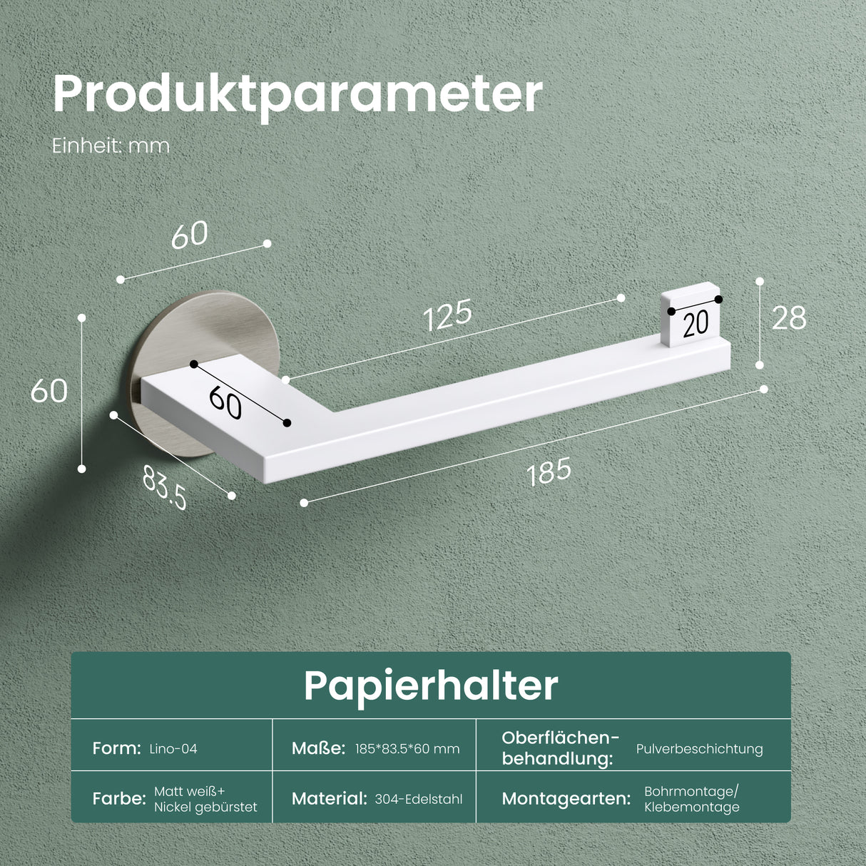 glasvilla Toilettenpapierhalter Klopapierhalter WC aus Edelstahl, Toilettenpapier Halterung Rollenhalter Lino-02+03+04