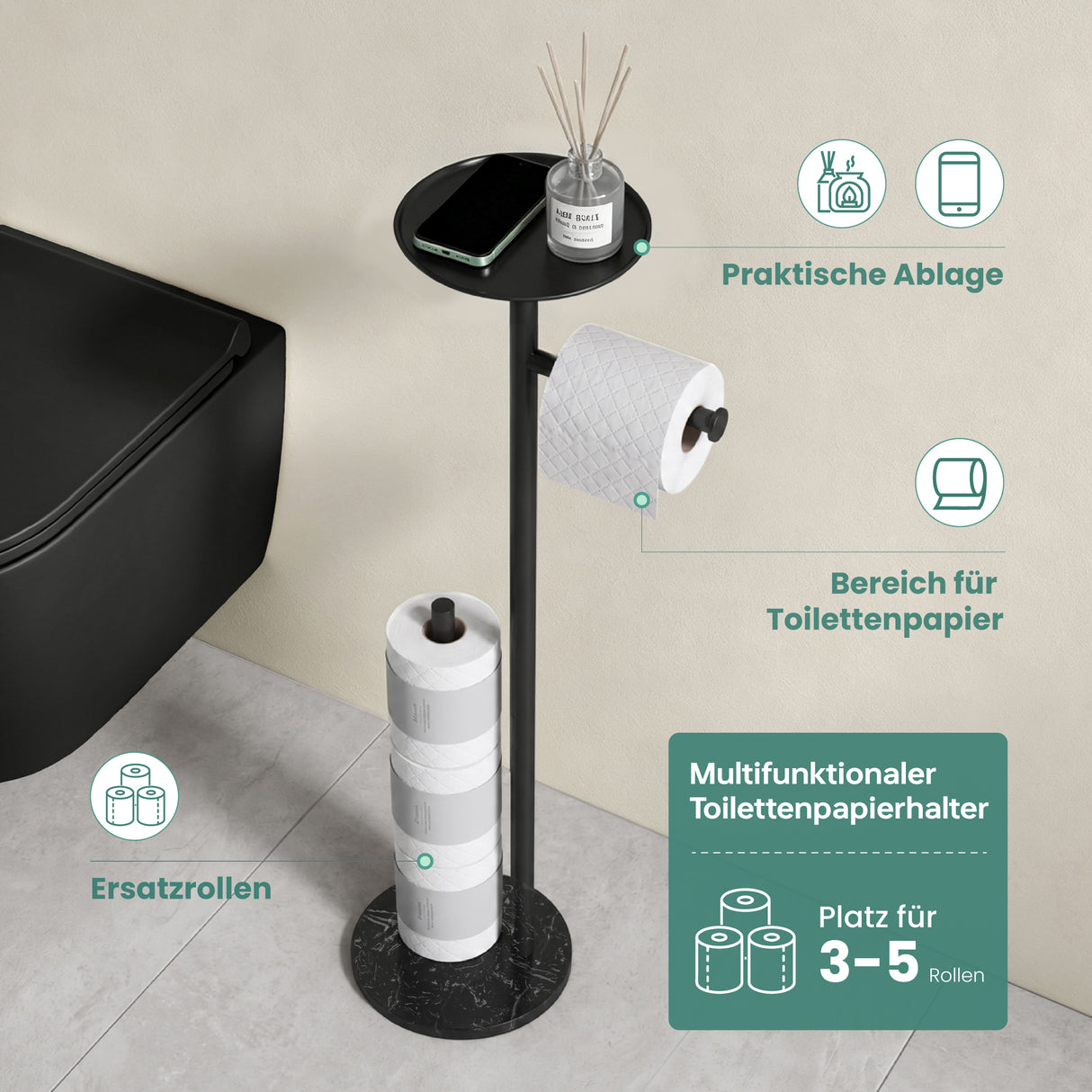 glasvilla Klopapierhalter Stehend, Toilettenpapierhalter | Edelstahl, Klorollenhalter freistehend, Toilettenpapier Aufbewahrung für 4 Rollen, ohne Bohren, für Badezimmer & WC Lino-06