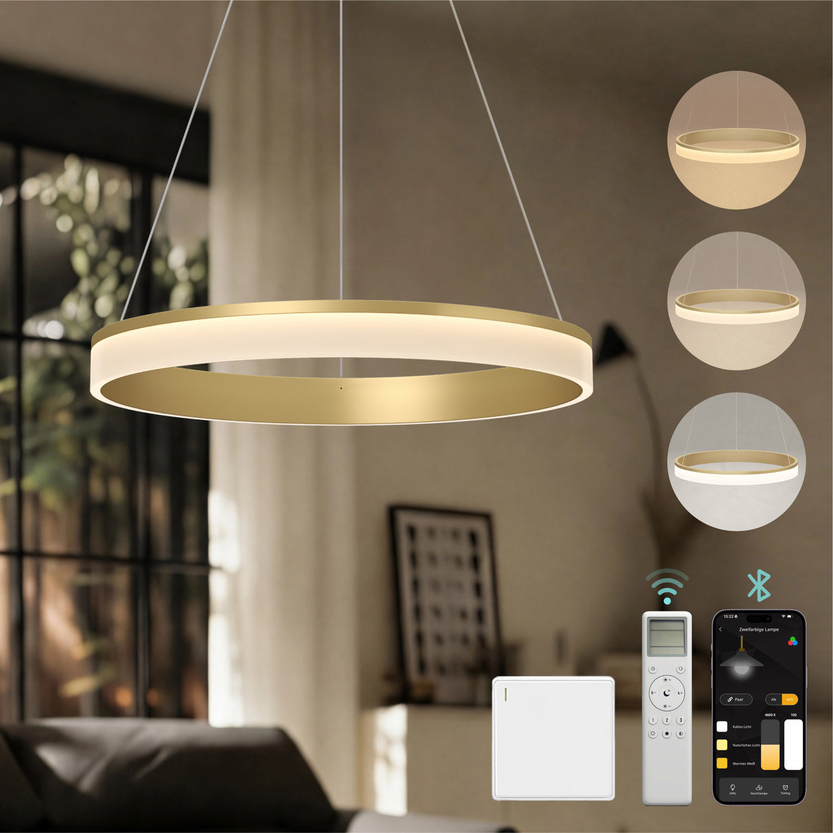 glasvilla Pendelleuchte Esstisch, LED Hängelampe, stufenlos dimmbar 3000K–6000K, höhenverstellbare Esstischlampe mit Fernbedienung & Wandschalter Luvina02