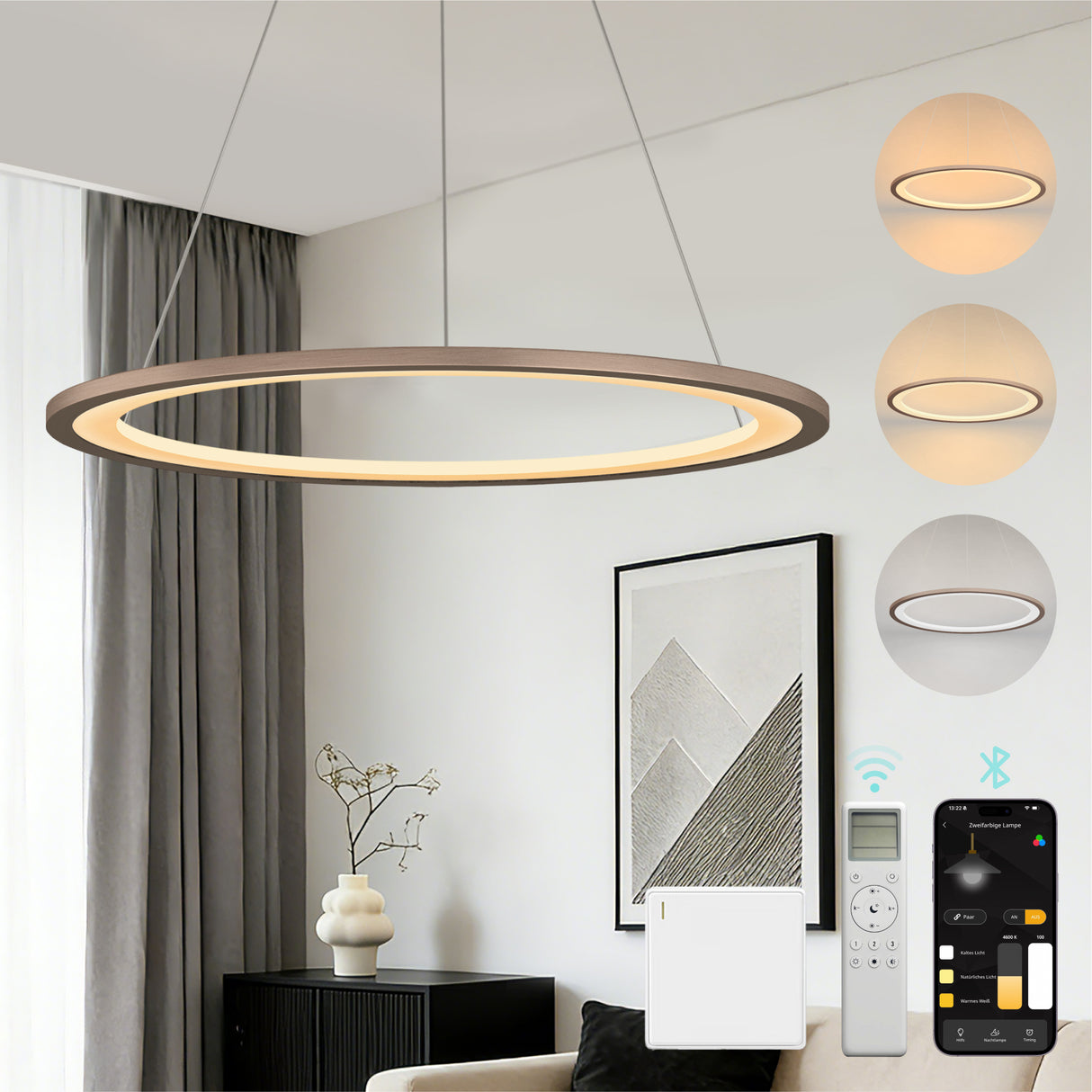 glasvilla Pendelleuchte Esstisch, LED Hängelampe, stufenlos dimmbar 3000K–6000K, höhenverstellbare Esstischlampe mit Fernbedienung & Wandschalter Luvina01