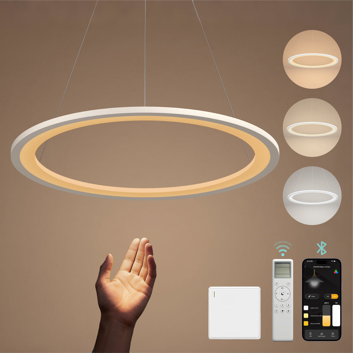 glasvilla Pendelleuchte Esstisch, LED Hängelampe, stufenlos dimmbar 3000K–6000K, höhenverstellbare Esstischlampe mit Fernbedienung & Wandschalter Luvina01