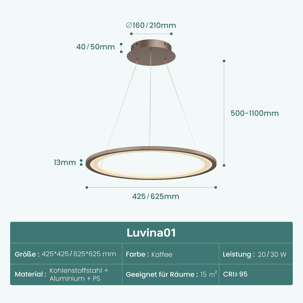 glasvilla Pendelleuchte Esstisch, LED Hängelampe, stufenlos dimmbar 3000K–6000K, höhenverstellbare Esstischlampe mit Fernbedienung & Wandschalter Luvina01