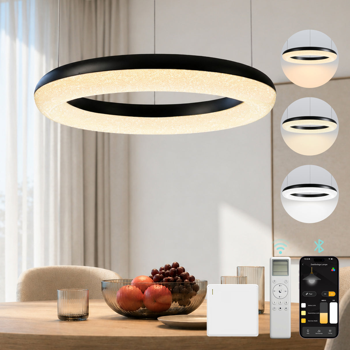 glasvilla Pendelleuchte Esstisch, LED Moderne Hängelampe, stufenlos dimmbar 3000K–6000K, höhenverstellbare Design Esstischlampe mit Fernbedienung & Wandschalter, Luvina03