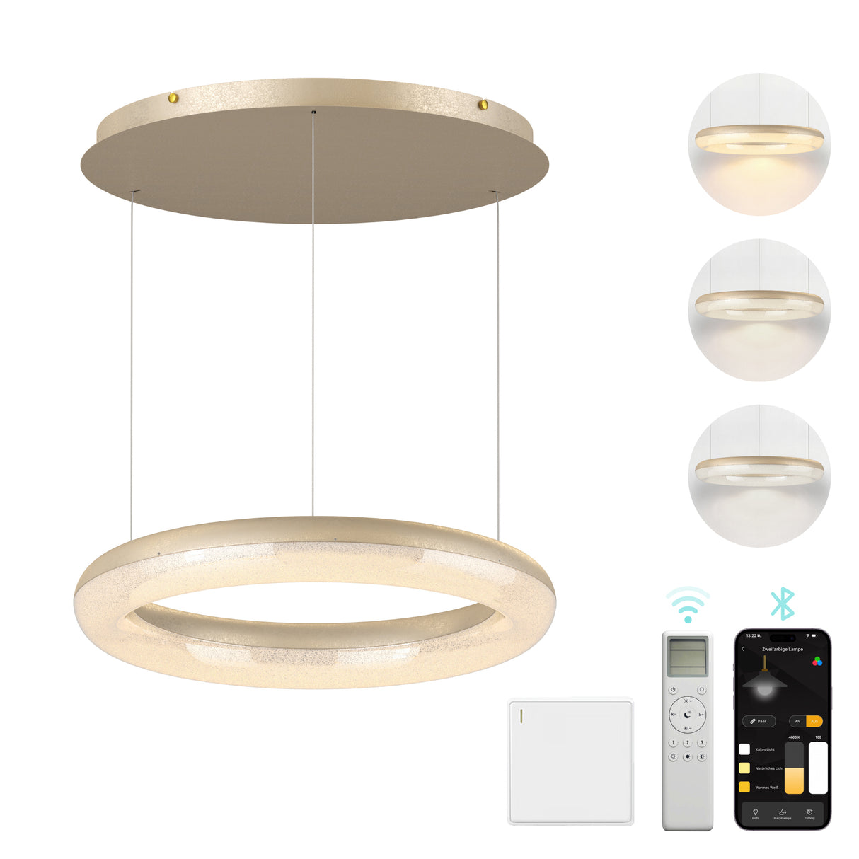 glasvilla Lampadario Sospensione, Lampada 3000-6000K con Filo 170 CM, Altezza Regolabile, Lampada da Soffitto a Sospensione per Camera da Letto, Cucina e Soggiorno, Luvina03