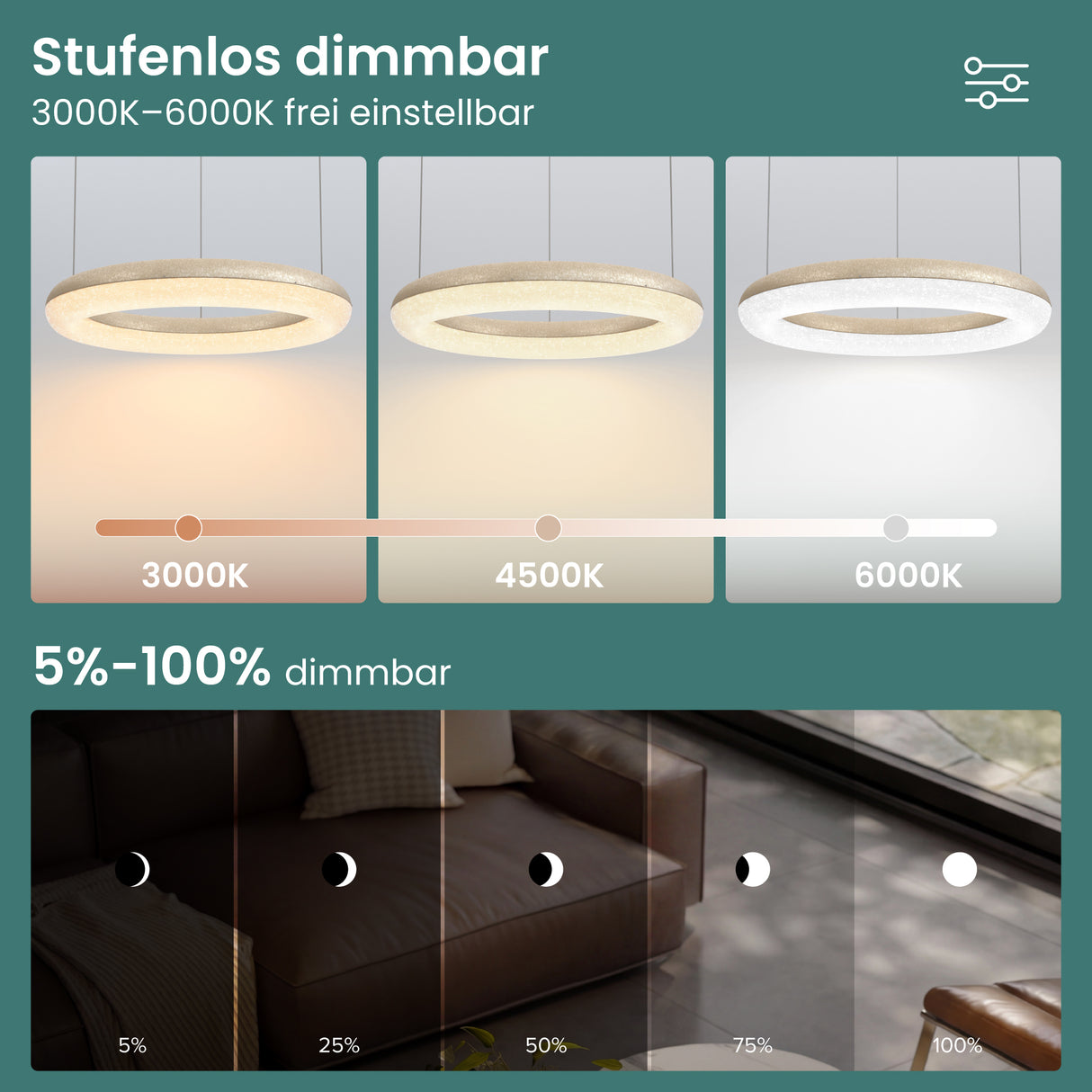 glasvilla Pendelleuchte Esstisch, LED Moderne Hängelampe, stufenlos dimmbar 3000K–6000K, höhenverstellbare Design Esstischlampe mit Fernbedienung & Wandschalter, Luvina03