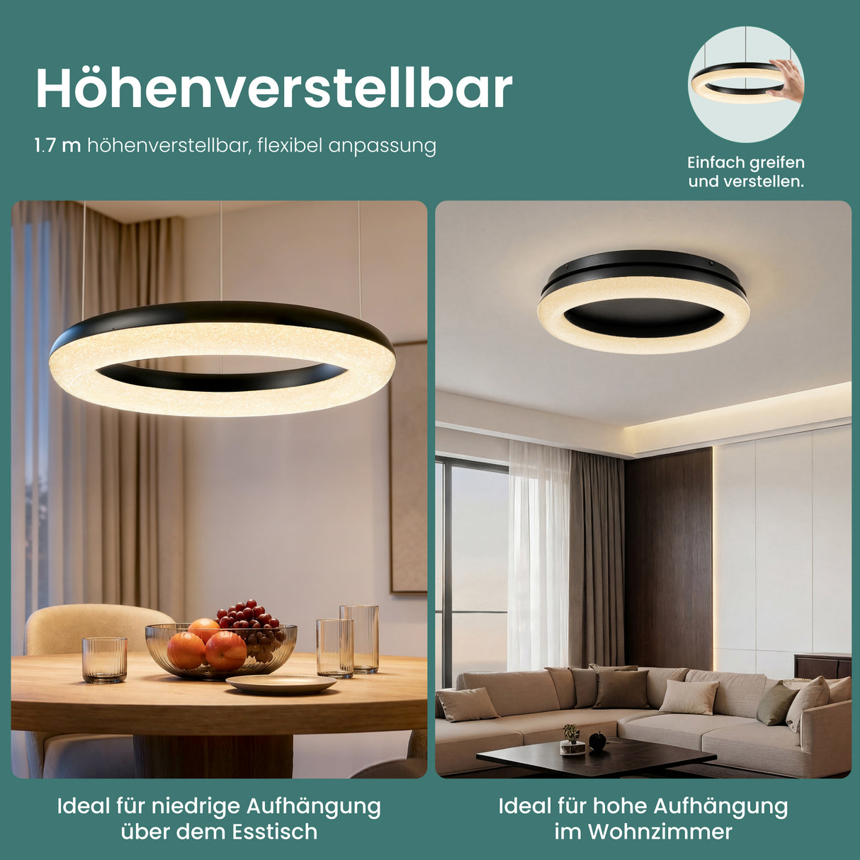 glasvilla Pendelleuchte Esstisch, LED Moderne Hängelampe, stufenlos dimmbar 3000K–6000K, höhenverstellbare Design Esstischlampe mit Fernbedienung & Wandschalter, Luvina03