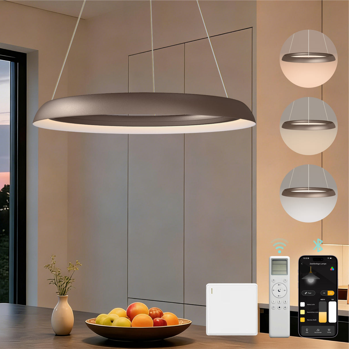 glasvilla Lampadario Sospensione, Lampada 3000-6000K con Filo 110 CM, Altezza Regolabile, Lampada da Soffitto a Sospensione per Camera da Letto, Cucina e Soggiorno, Luvina04