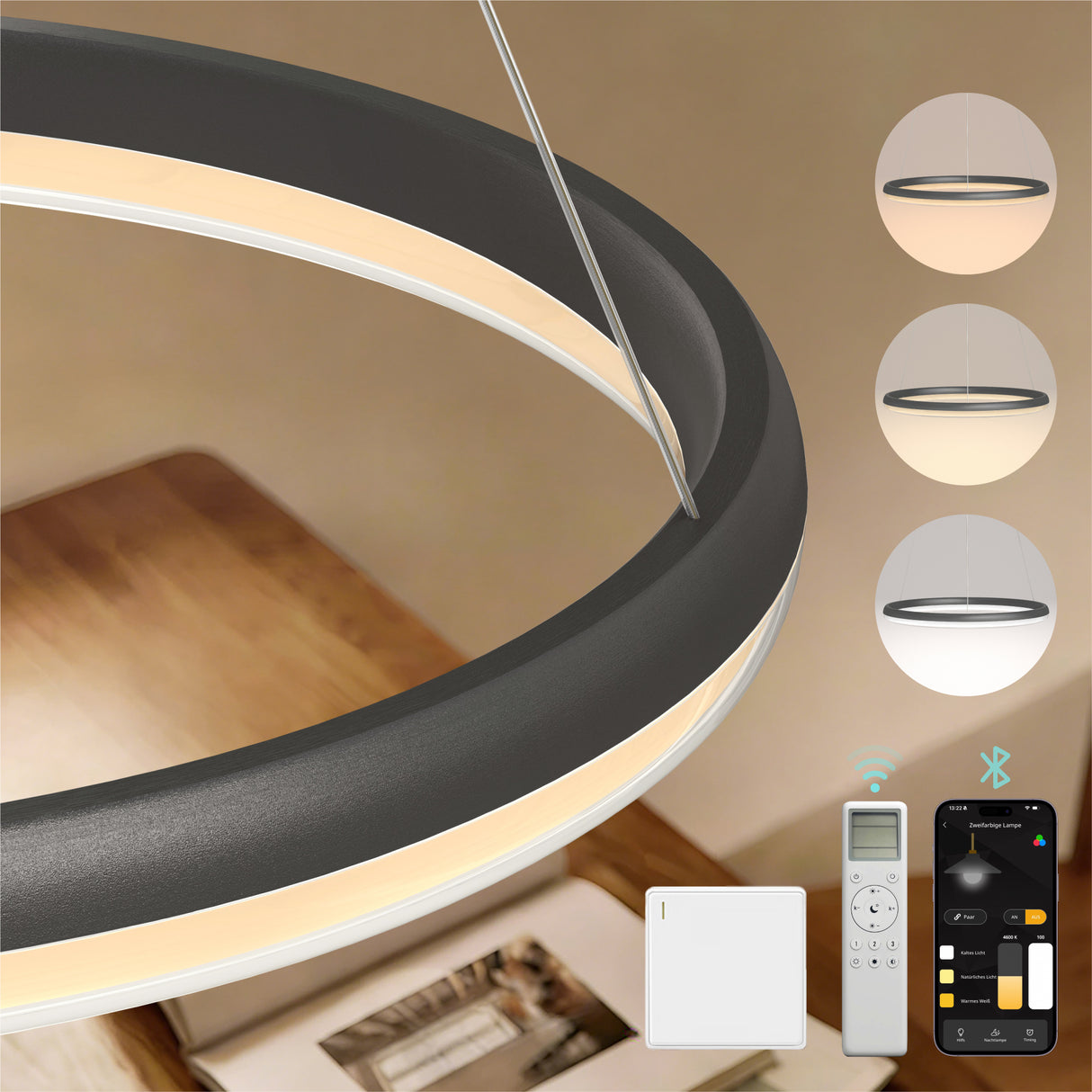 glasvilla Lampadario a Sospensione, Lampada 3000-6000K con Filo 110 CM, Altezza Regolabile, Lampada da Soffitto a Sospensione per Camera da Letto e Soggiorno, Luvina05