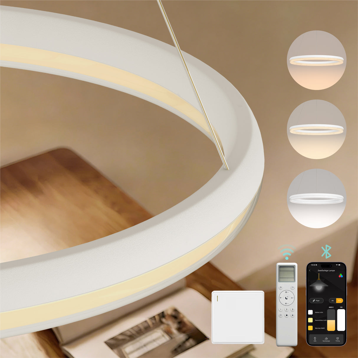 glasvilla Lampadario a Sospensione, Lampada 3000-6000K con Filo 110 CM, Altezza Regolabile, Lampada da Soffitto a Sospensione per Camera da Letto e Soggiorno, Luvina05