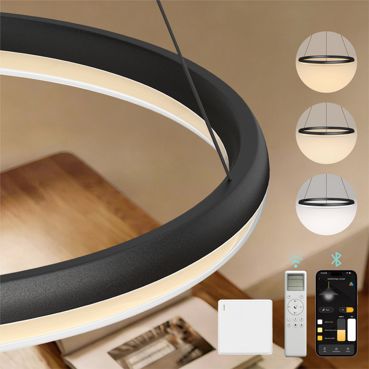 glasvilla Lampadario a Sospensione, Lampada 3000-6000K con Filo 110 CM, Altezza Regolabile, Lampada da Soffitto a Sospensione per Camera da Letto e Soggiorno, Luvina05