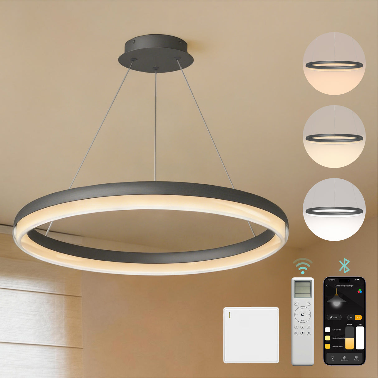 glasvilla Lampadario a Sospensione, Lampada 3000-6000K con Filo 110 CM, Altezza Regolabile, Lampada da Soffitto a Sospensione per Camera da Letto e Soggiorno, Luvina05