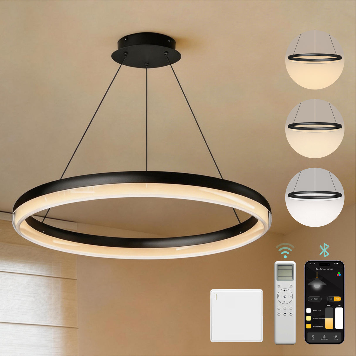glasvilla Lampadario a Sospensione, Lampada 3000-6000K con Filo 110 CM, Altezza Regolabile, Lampada da Soffitto a Sospensione per Camera da Letto e Soggiorno, Luvina05