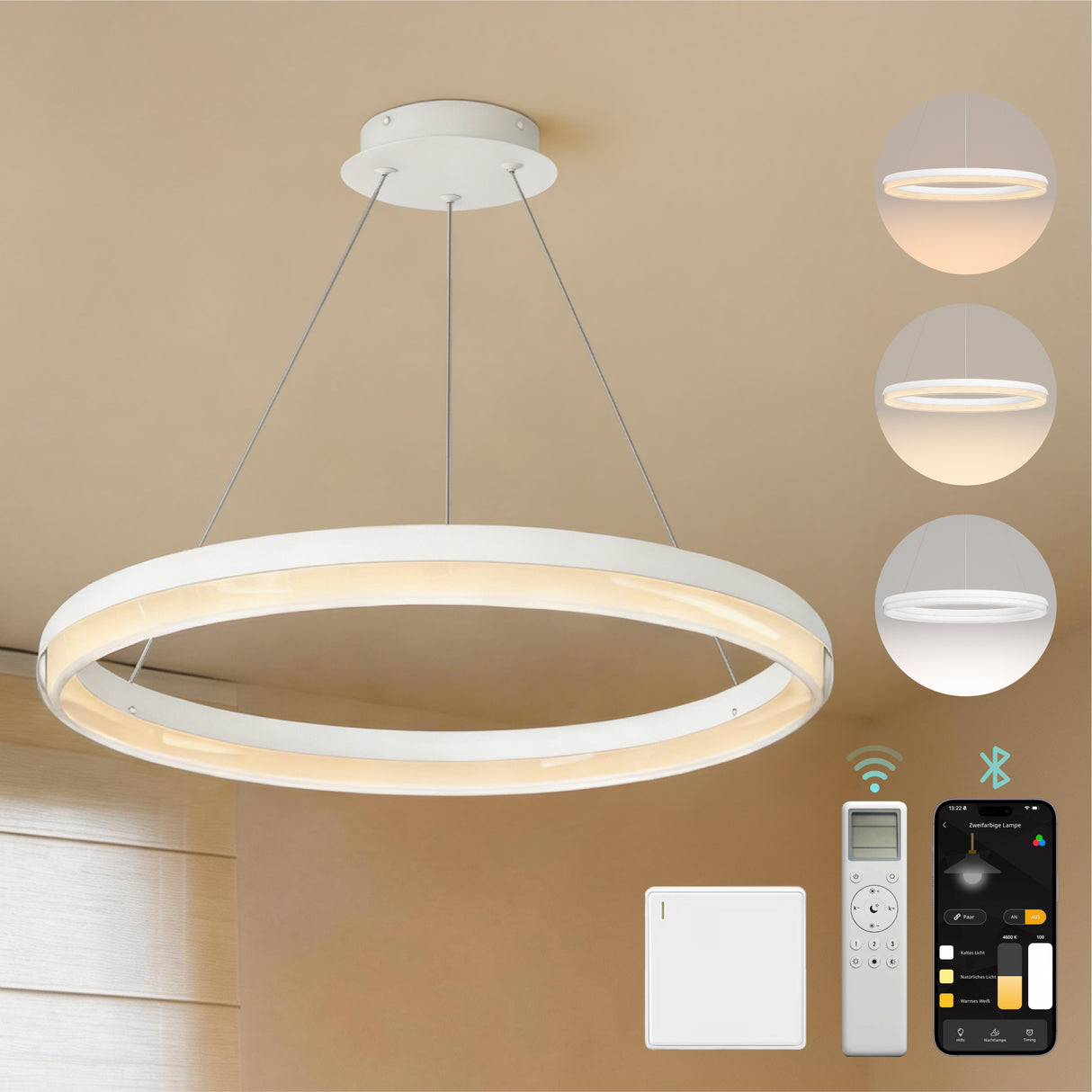 glasvilla Lampadario a Sospensione, Lampada 3000-6000K con Filo 110 CM, Altezza Regolabile, Lampada da Soffitto a Sospensione per Camera da Letto e Soggiorno, Luvina05