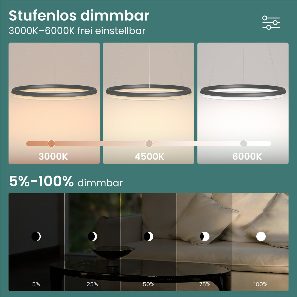 glasvilla Lampadario a Sospensione, Lampada 3000-6000K con Filo 110 CM, Altezza Regolabile, Lampada da Soffitto a Sospensione per Camera da Letto e Soggiorno, Luvina05