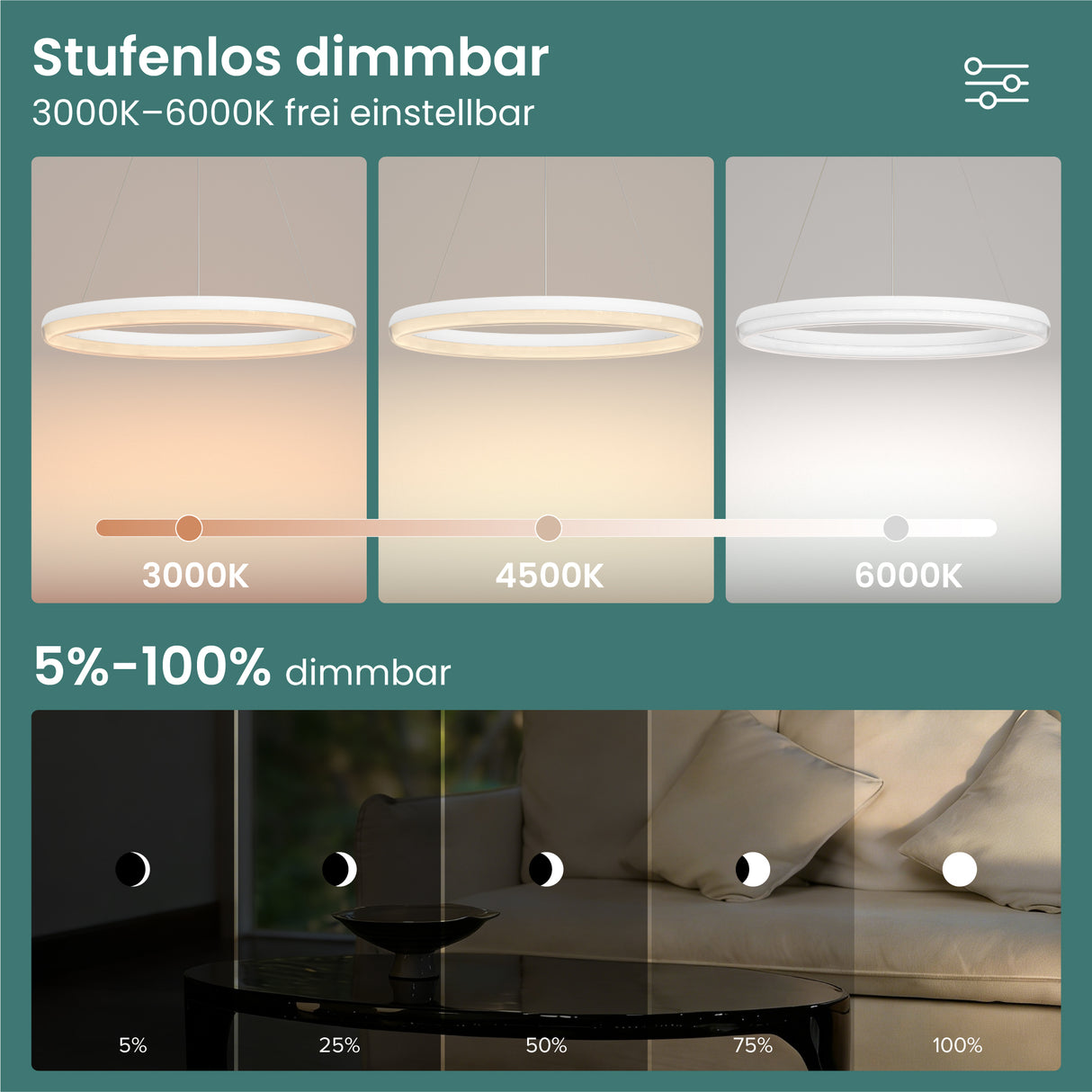 glasvilla Lampadario a Sospensione, Lampada 3000-6000K con Filo 110 CM, Altezza Regolabile, Lampada da Soffitto a Sospensione per Camera da Letto e Soggiorno, Luvina05