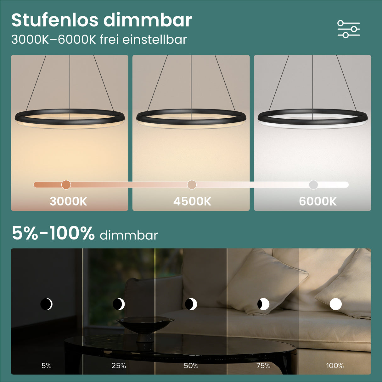 glasvilla Lampadario a Sospensione, Lampada 3000-6000K con Filo 110 CM, Altezza Regolabile, Lampada da Soffitto a Sospensione per Camera da Letto e Soggiorno, Luvina05