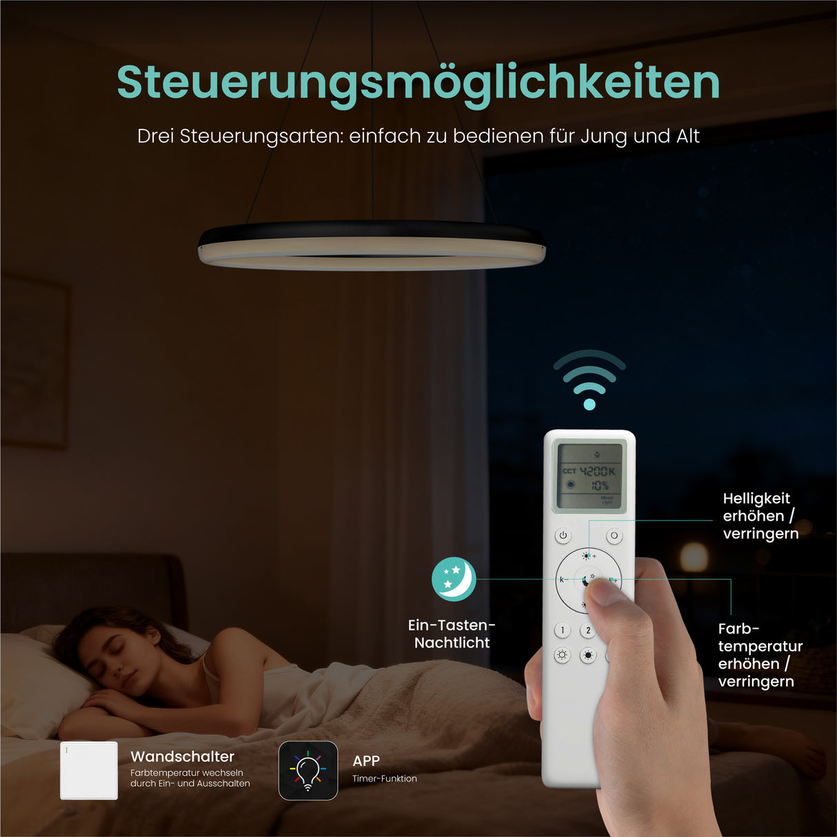 glasvilla Lampadario a Sospensione, Lampada 3000-6000K con Filo 110 CM, Altezza Regolabile, Lampada da Soffitto a Sospensione per Camera da Letto e Soggiorno, Luvina05