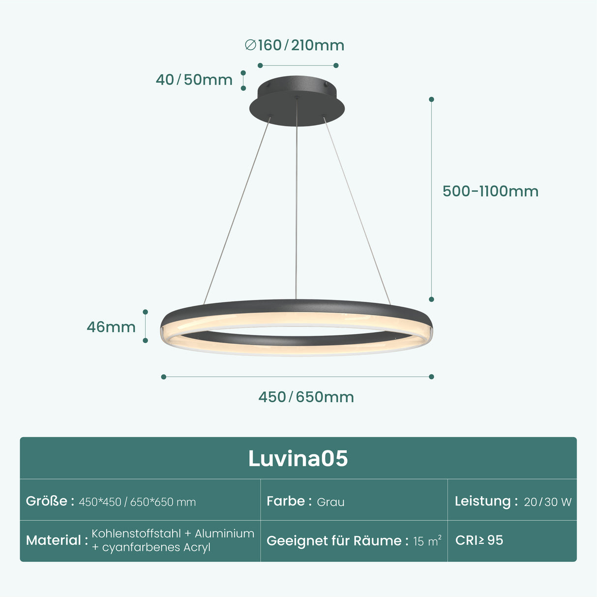 glasvilla Lampadario a Sospensione, Lampada 3000-6000K con Filo 110 CM, Altezza Regolabile, Lampada da Soffitto a Sospensione per Camera da Letto e Soggiorno, Luvina05