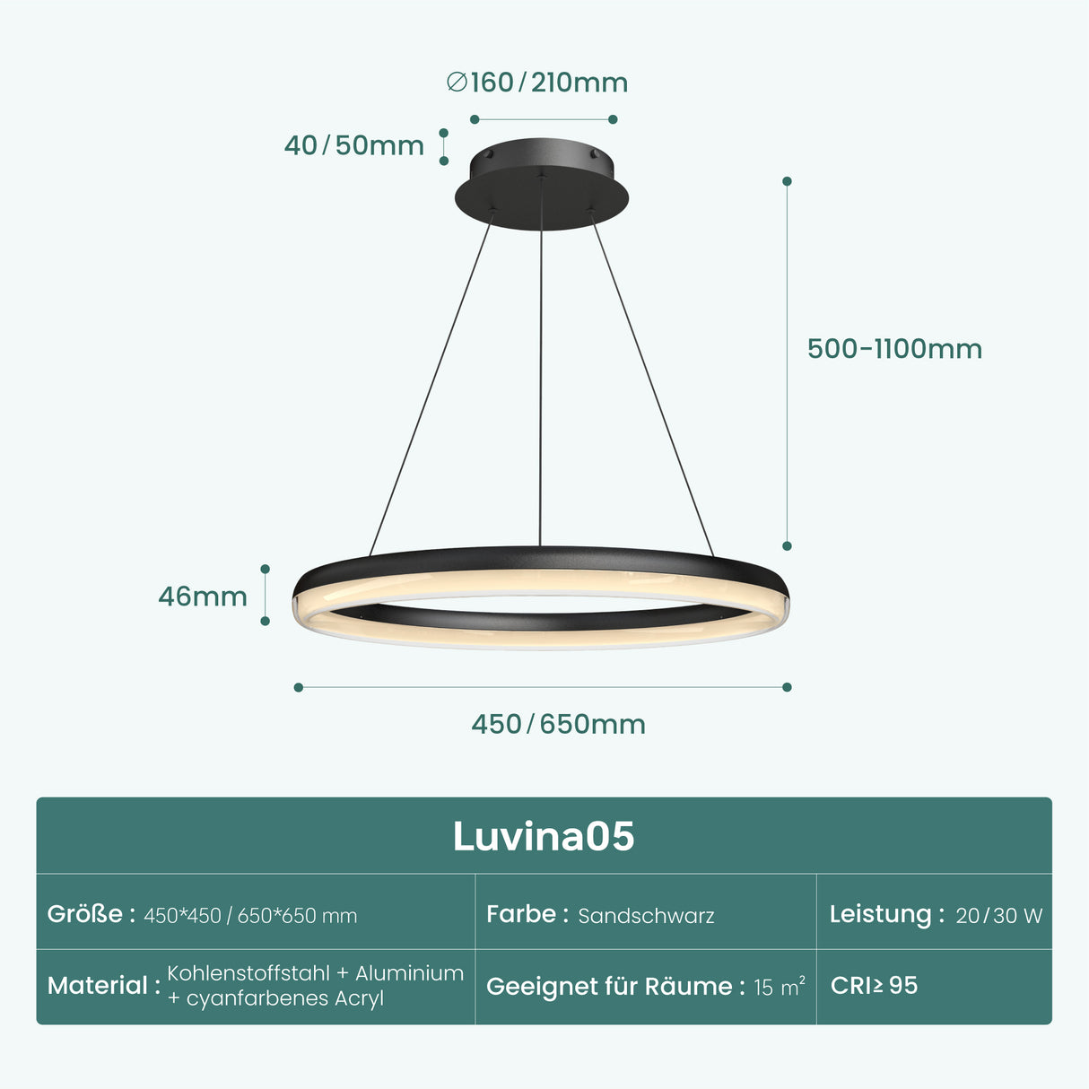 glasvilla Lampadario a Sospensione, Lampada 3000-6000K con Filo 110 CM, Altezza Regolabile, Lampada da Soffitto a Sospensione per Camera da Letto e Soggiorno, Luvina05