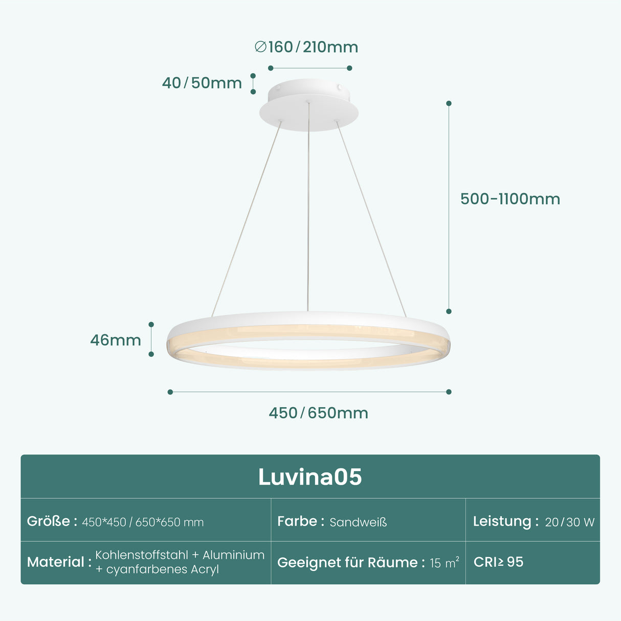 glasvilla Lampadario a Sospensione, Lampada 3000-6000K con Filo 110 CM, Altezza Regolabile, Lampada da Soffitto a Sospensione per Camera da Letto e Soggiorno, Luvina05