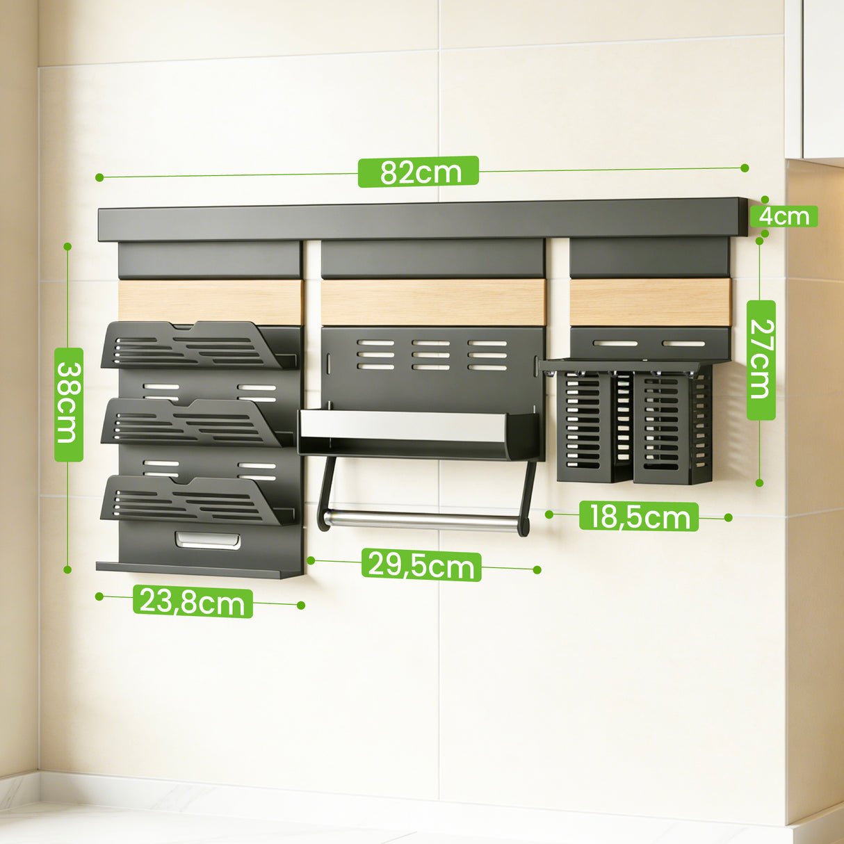 glasvilla Porta Spezie con Supporto per Cellulare o Porta Rotolo, Porta Coperchi a 3 Livelli e Porta Mestoli con 5 Ganci da Cucina, da Appendere con Guide, Reglo-09-12
