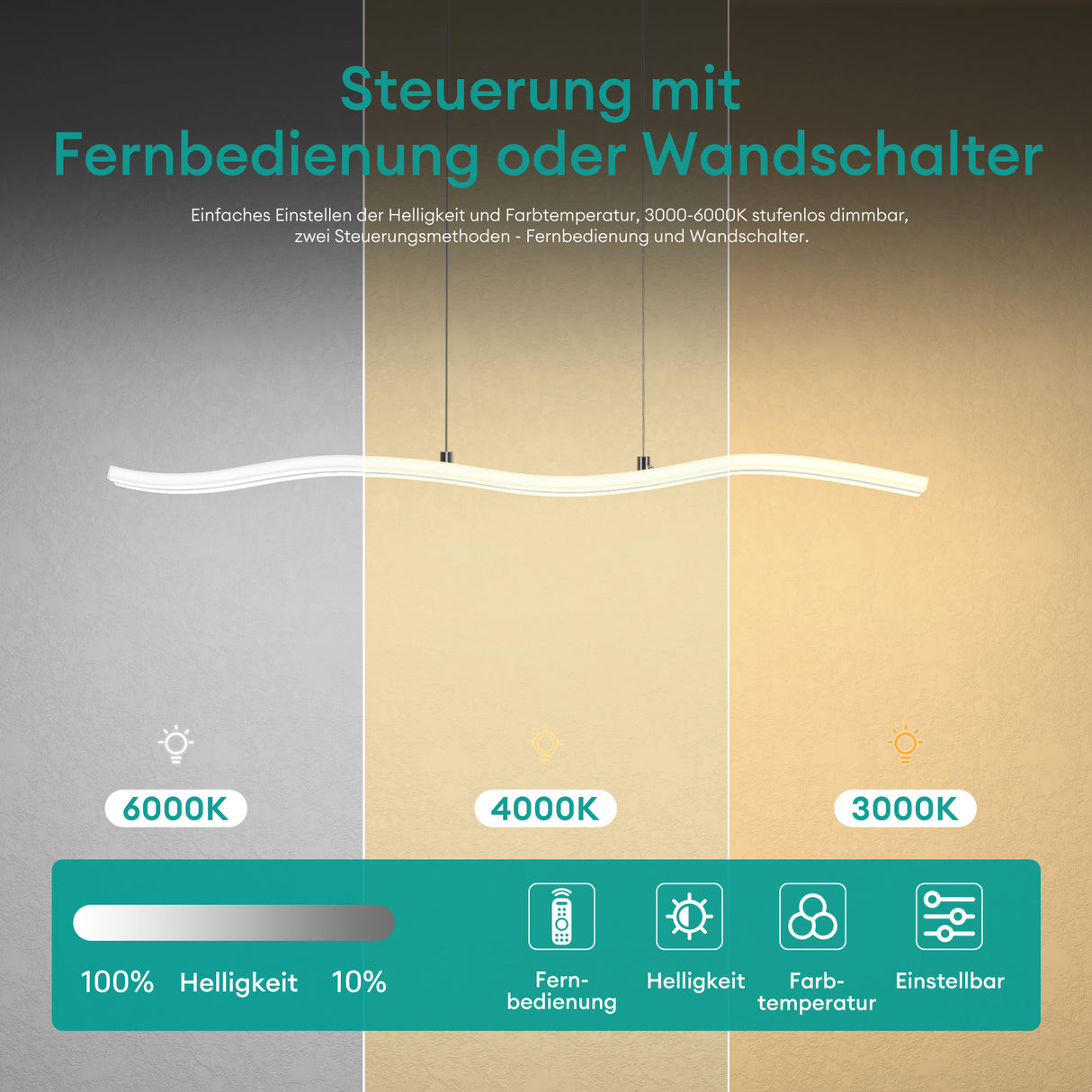 glasvilla Pendelleuchte 97cm LED Hängelampe Dimmbar mit Fernbedienung 3000K/4000K/6000K Verstellbares Kabel 36W Hängeleuchte für Esszimmer Wohnzimmer Schlafzimmer