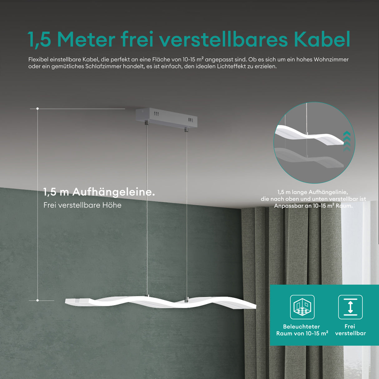 glasvilla Pendelleuchte 97cm LED Hängelampe Dimmbar mit Fernbedienung 3000K/4000K/6000K Verstellbares Kabel 36W Hängeleuchte für Esszimmer Wohnzimmer Schlafzimmer