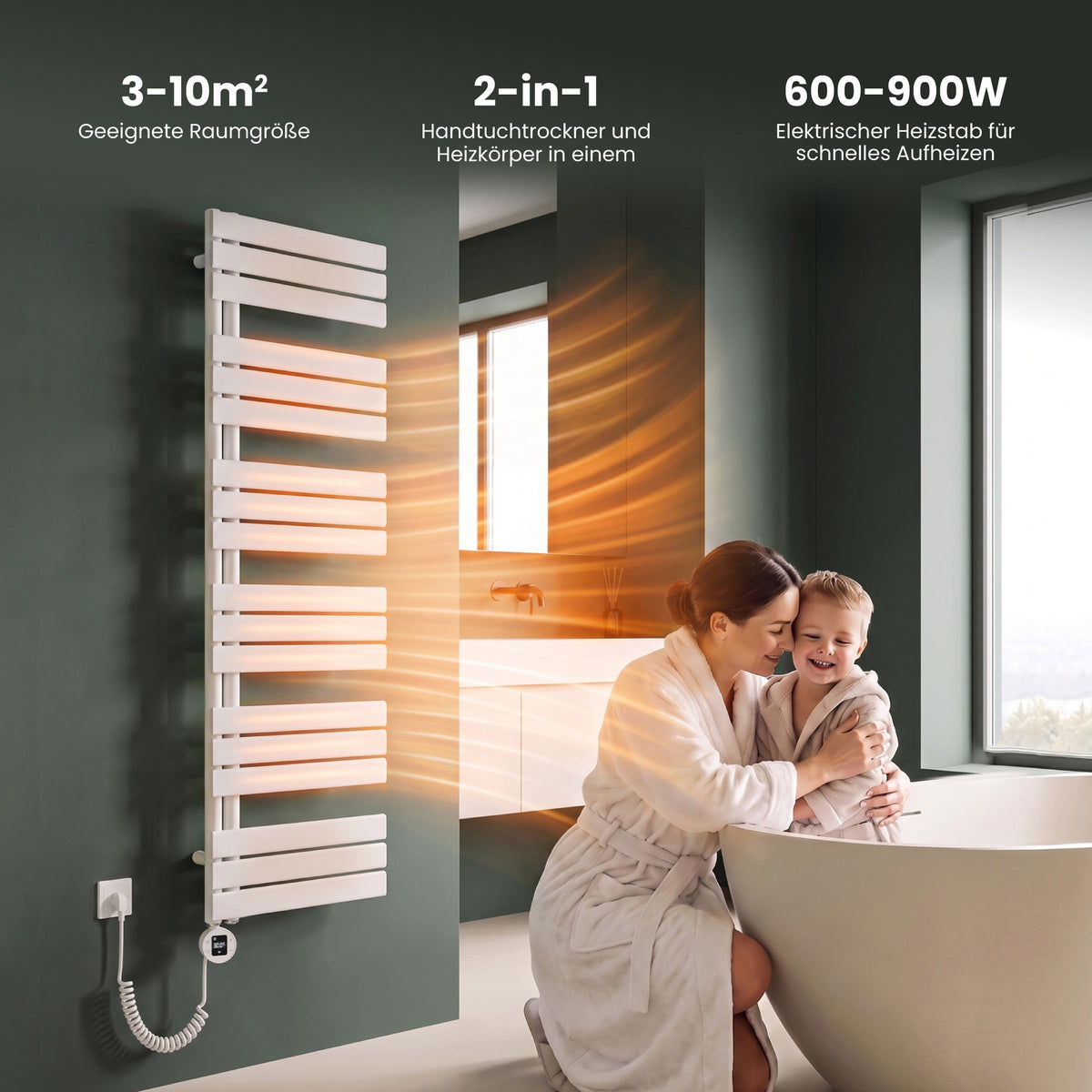 glasvilla Badheizkörper,mit Heizstab Badheizung,Handtuchheizkörper mit Seitenanschluss, Handtuchwärmer mit Heizstab 600W/900W, App-Steuerung, Thermostat und Timerfunktion,FN con Heizstab-03