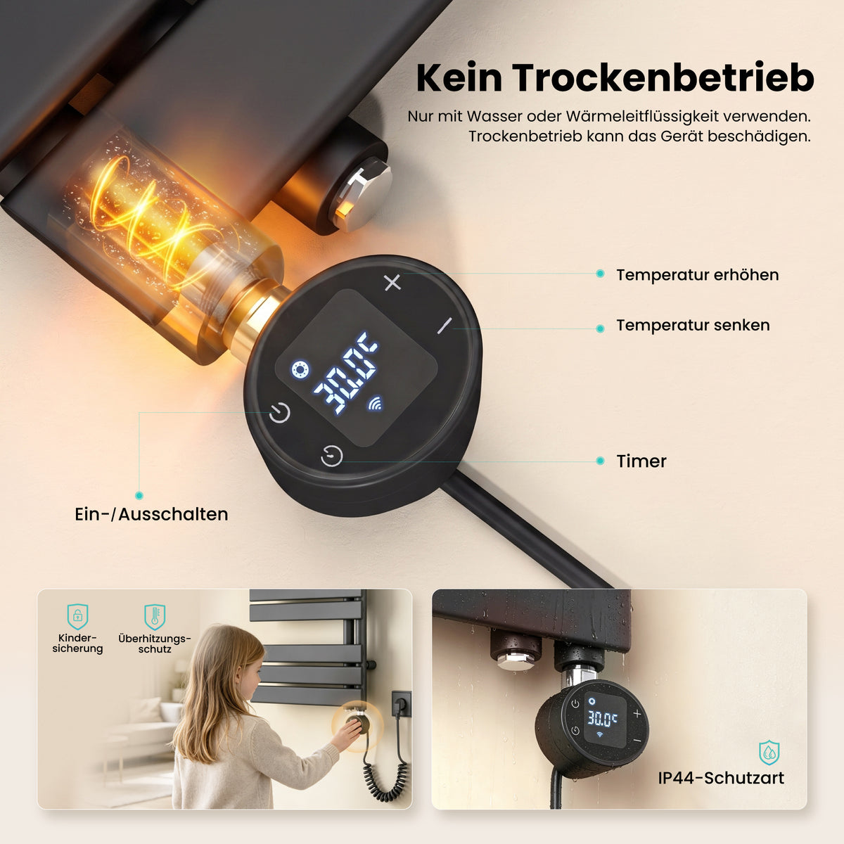 glasvilla Badheizkörper,mit Heizstab Badheizung,Handtuchheizkörper mit Seitenanschluss, Handtuchwärmer mit Heizstab 600W/900W, App-Steuerung, Thermostat und Timerfunktion,FN con Heizstab-03