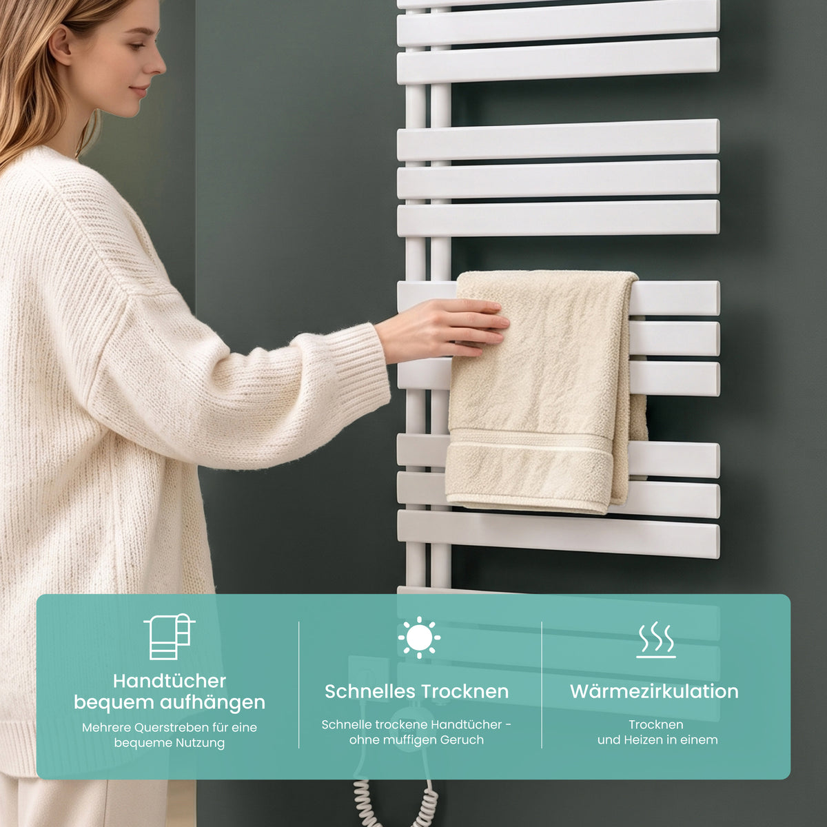 glasvilla Badheizkörper,mit Heizstab Badheizung,Handtuchheizkörper mit Seitenanschluss, Handtuchwärmer mit Heizstab 600W/900W, App-Steuerung, Thermostat und Timerfunktion,FN con Heizstab-03