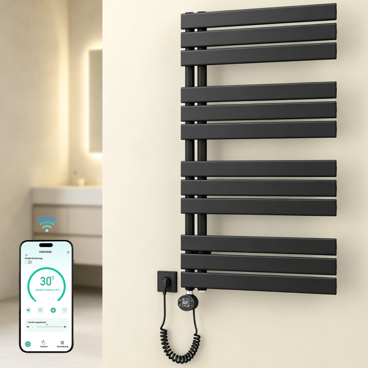 glasvilla Badheizkörper,mit Heizstab Badheizung,Handtuchheizkörper mit Seitenanschluss, Handtuchwärmer mit Heizstab 600W/900W, App-Steuerung, Thermostat und Timerfunktion,FN con Heizstab-03